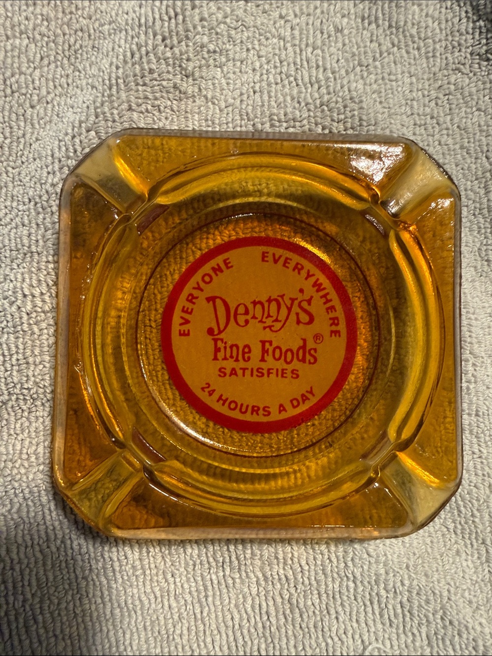Vintage 1960s–70s Denny’s Fine Foods Amber Glass Advertising Ashtray
